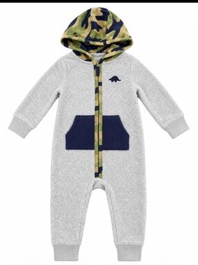 Carter's Gray Fleece Romper with Camo Hood Trim and Navy Edge